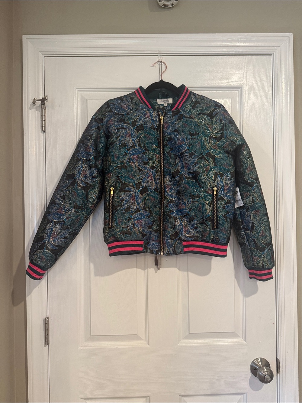 NWT Charlotte Russe Blue Teal Leaf-Print Bomber Jacket with Pink Trim